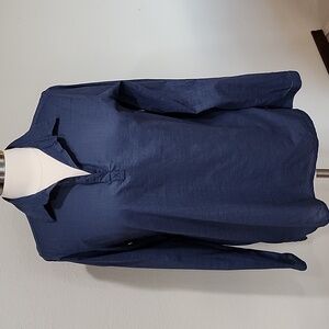 Columbia V-Neck Blouse Roll Tab Sleeves 100% Cotton Navy Collared size Medium